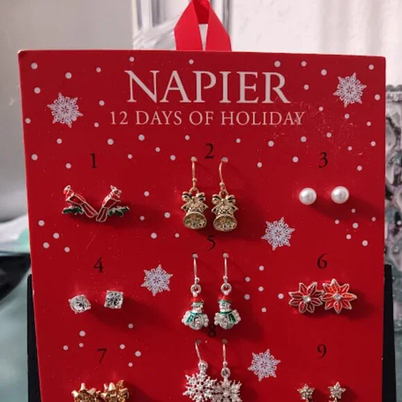 NAPIER 12 DAYS OF HOLIDAY Christmas Crystal & Enamel 12 Pairs of Earrings Set - Picture 2 of 5